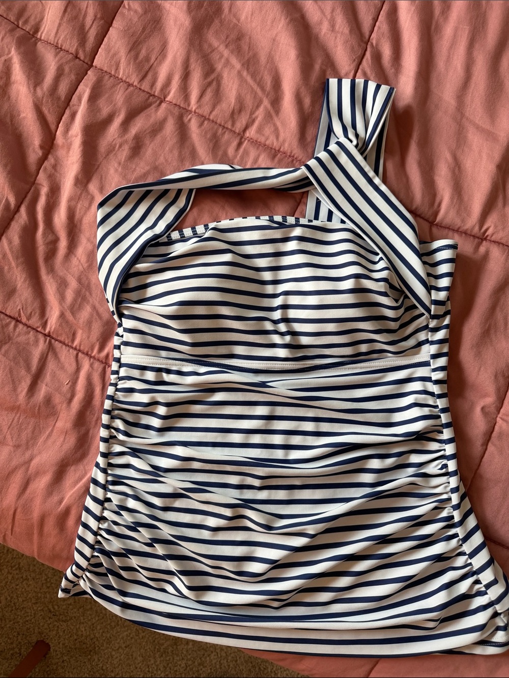 Navy and White Striped One-Shoulder Swim Tank